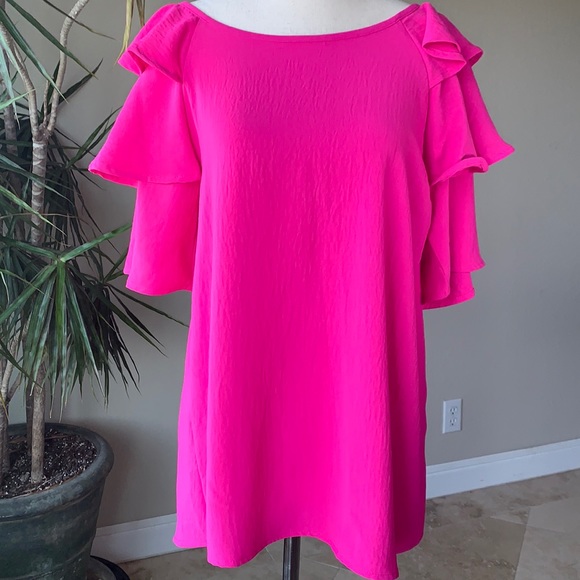 NWT ODDY hot pink looking back ruffle sleeve top sz S lightweight summer staple - Picture 3 of 7